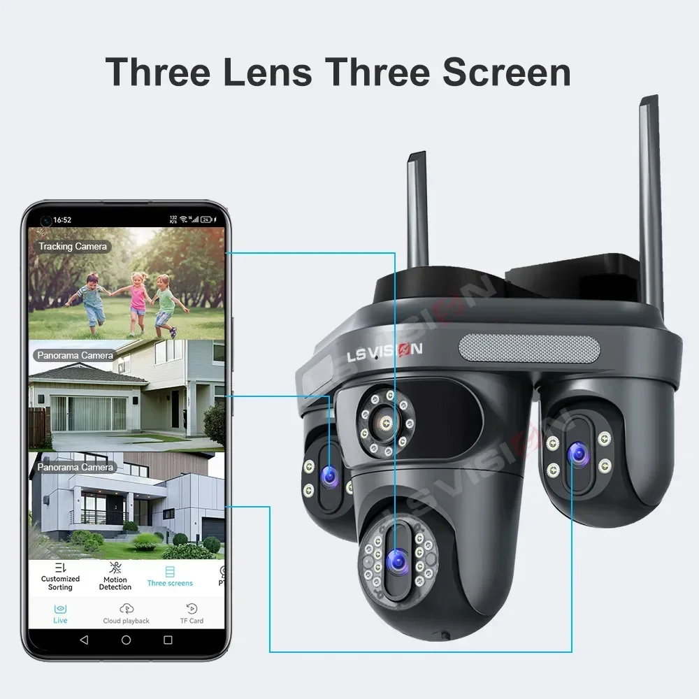 LS VISION 15MP Three Screens WiFi IP Camera Wireless Outdoor Three Lens PTZ 2-Way Audio Human Auto Tracking Surveillance Cameras