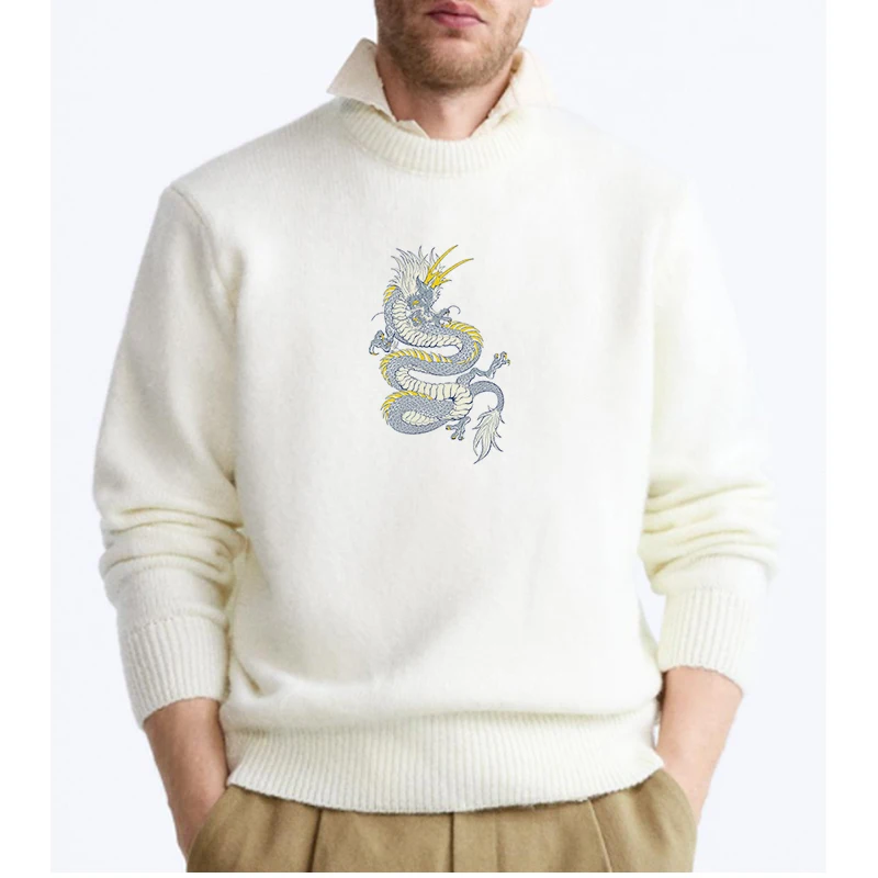 Men Hip Hop Street Vintage Harajuku Sweater Chinese Style Dragon Graphic Print White Knit Sweaters Winter Couple Casual Pullover