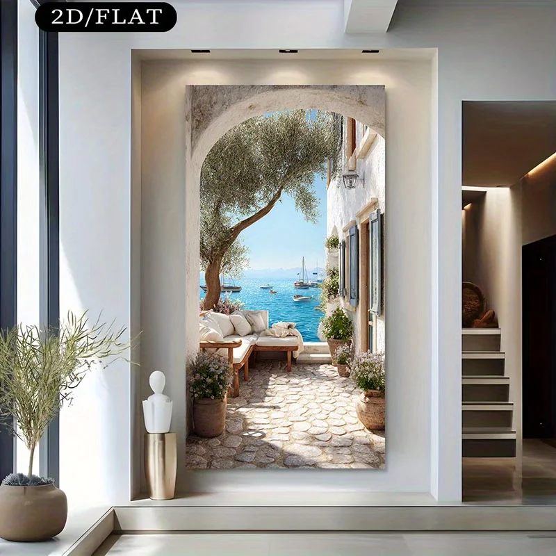 

Large Frameless Canvas Print Featuring A Mediterranean Sea View with An Olive Tree Archway, Modern Home Art Mural Decoration