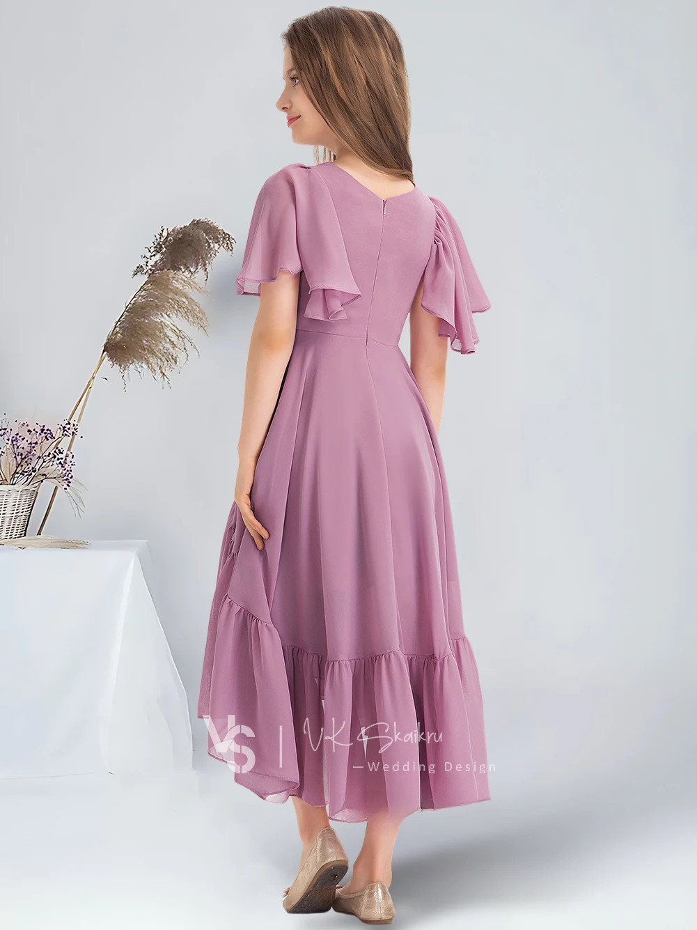 A-line V-Neck Asymmetrical Chiffon Junior Bridesmaid Dress Mauve Flower Girl Dress for Wedding Teen Dress For Special Occasions