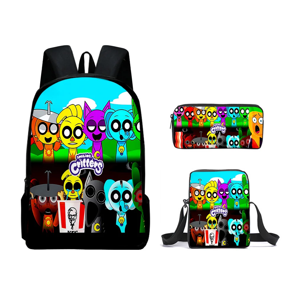 Moda engraçado clássico sprunki impressão 3d 3 pçs/set aluno sacos de escola portátil mochila mochila ombro inclinado caso lápis