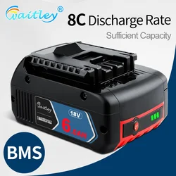 Waitley 18V 6Ah Rechargeable Li-ion Battery For Bosch 18V Power tool Backup 6000mah Portable Replacement BAT609 Indicator light