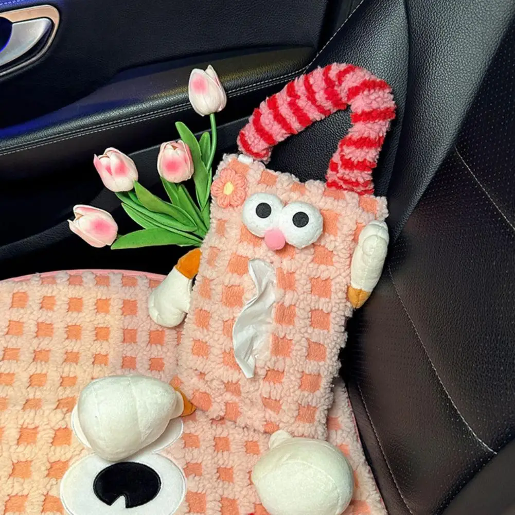 Fabric Car Tissue Holder Soft Fuzzy Cartoon Car Tissue Holder Universal Suv Truck Vehicle Auto Napkin Case Hanging Bag