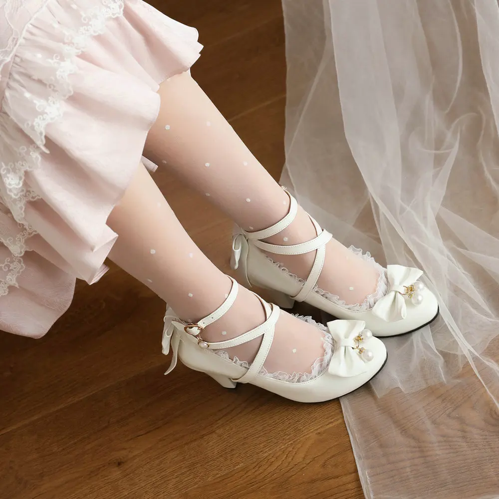 New Arrival Cat Heel Patent Leather High Heels Butterfly Knot Lace Pearls Vintage Schoolgirl Style Classic Lolita Women Shoes