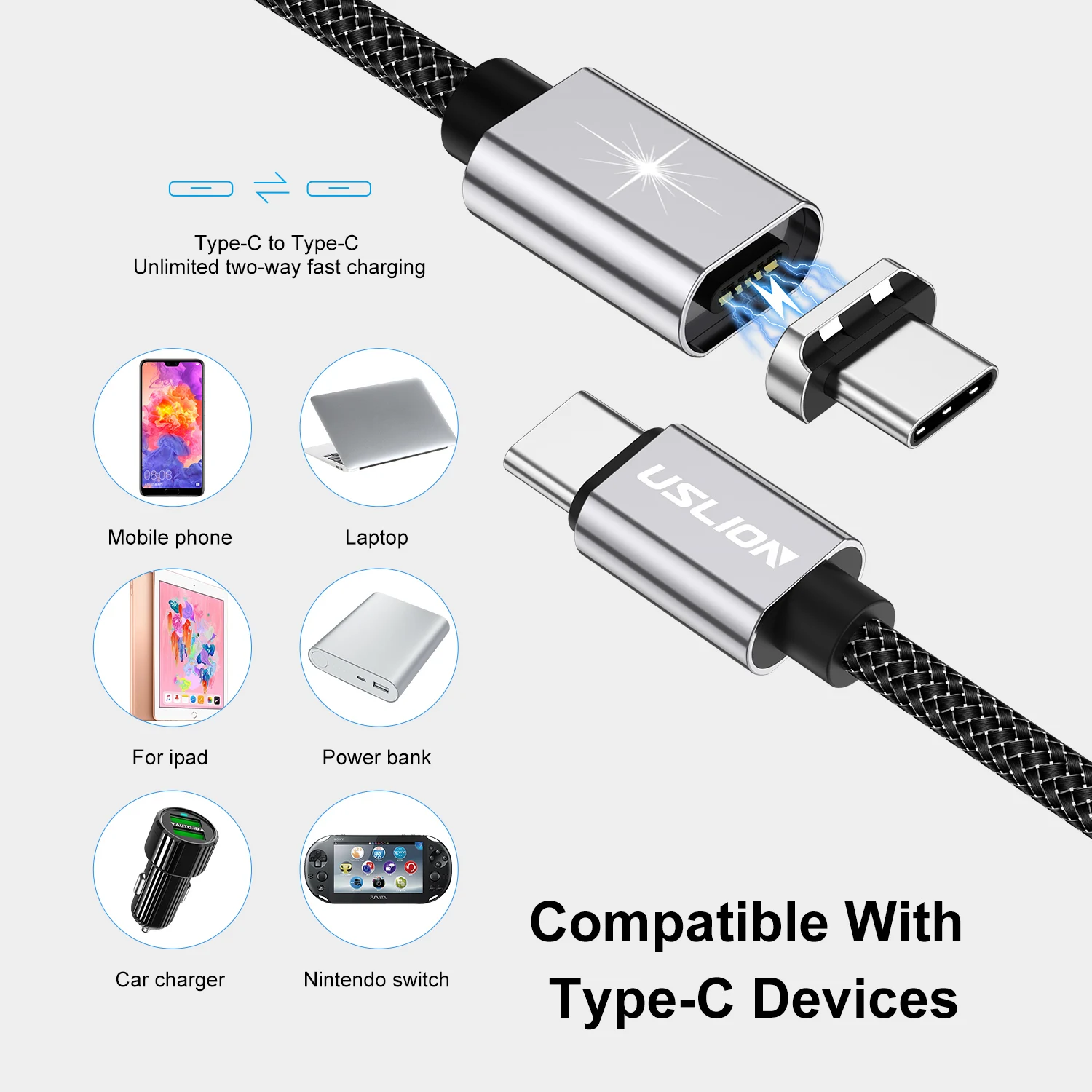 USLION 100W PD Magnetic Cable USB Type C to Type C Wire For iphone 15 Pro Max Xaiomi Huawei Fast Charging Charge USB-C Data Cord