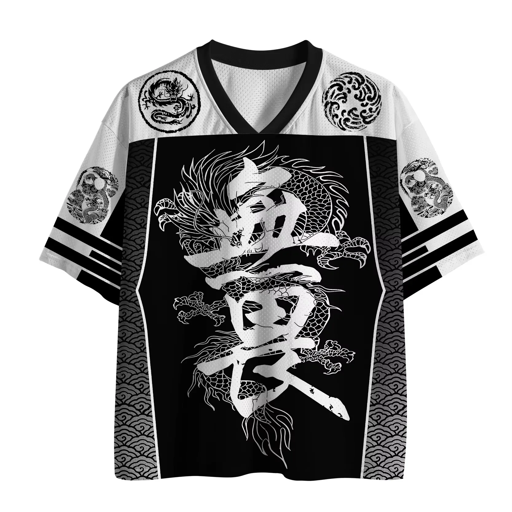 2026 New Chinese Style Fearless Calligraphy Printed Mesh V-neck T-shirt Fashionable Cool Neutral Casual Short Sleeve T-shirt