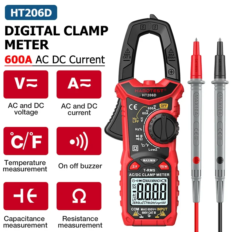 HT206D Cyfrowy miernik cęgowy T-RMS 600A AC DC 6000 zliczeń Multimetr Amperomierz Tester napięcia Wzmacniacz samochodowy Hz Pojemność NCV Test Ohm