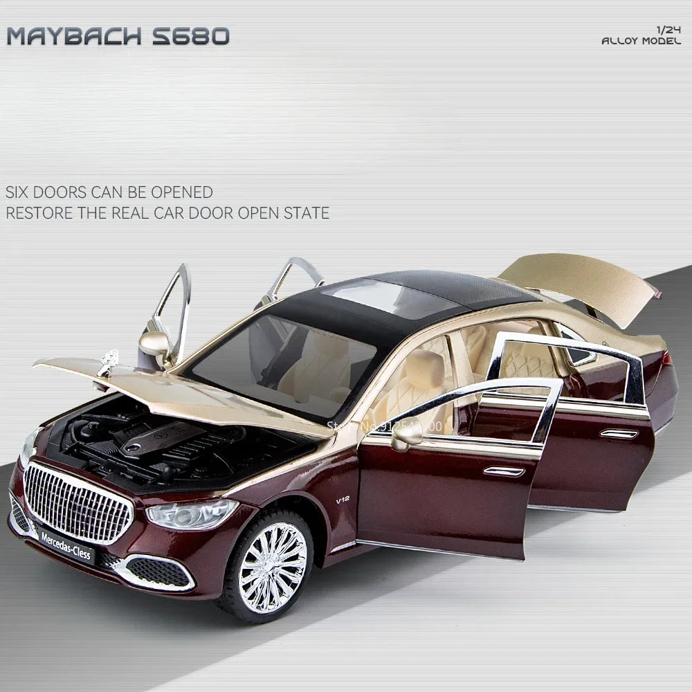 Modelo de coche Maybach S680, escala 1:24, puertas de juguete que se pueden abrir, luz de sonido, extraíble, simulación fundida, colección de niños, regalos de decoración