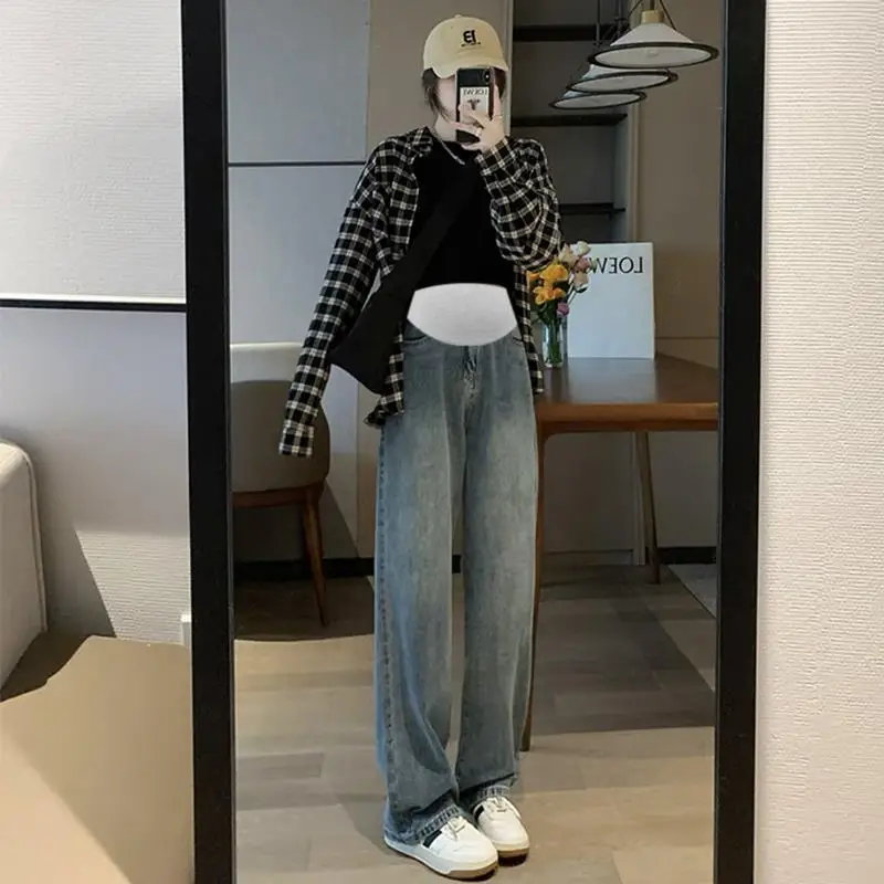 

Maternity Wide-Legged Jeans Loose Autumn Models Outside Wear Thin Drape Straight Drag Trousers High Waist Belly Trousers