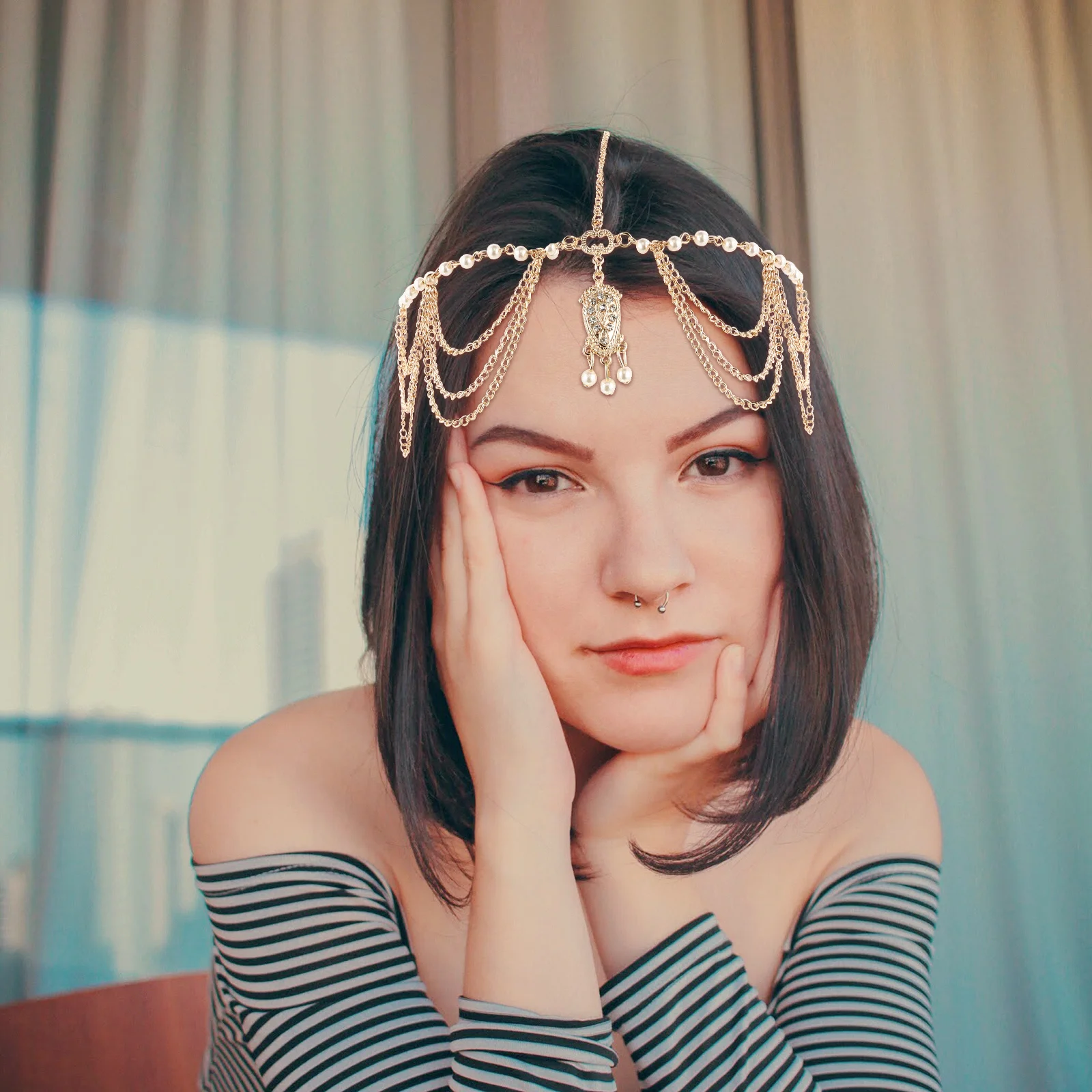 

Pearl Head Chain Golden Fairy Headdress Tassel Hair Accessory Party Wedding Bridal Decoration Head Chain Bridal Accessories