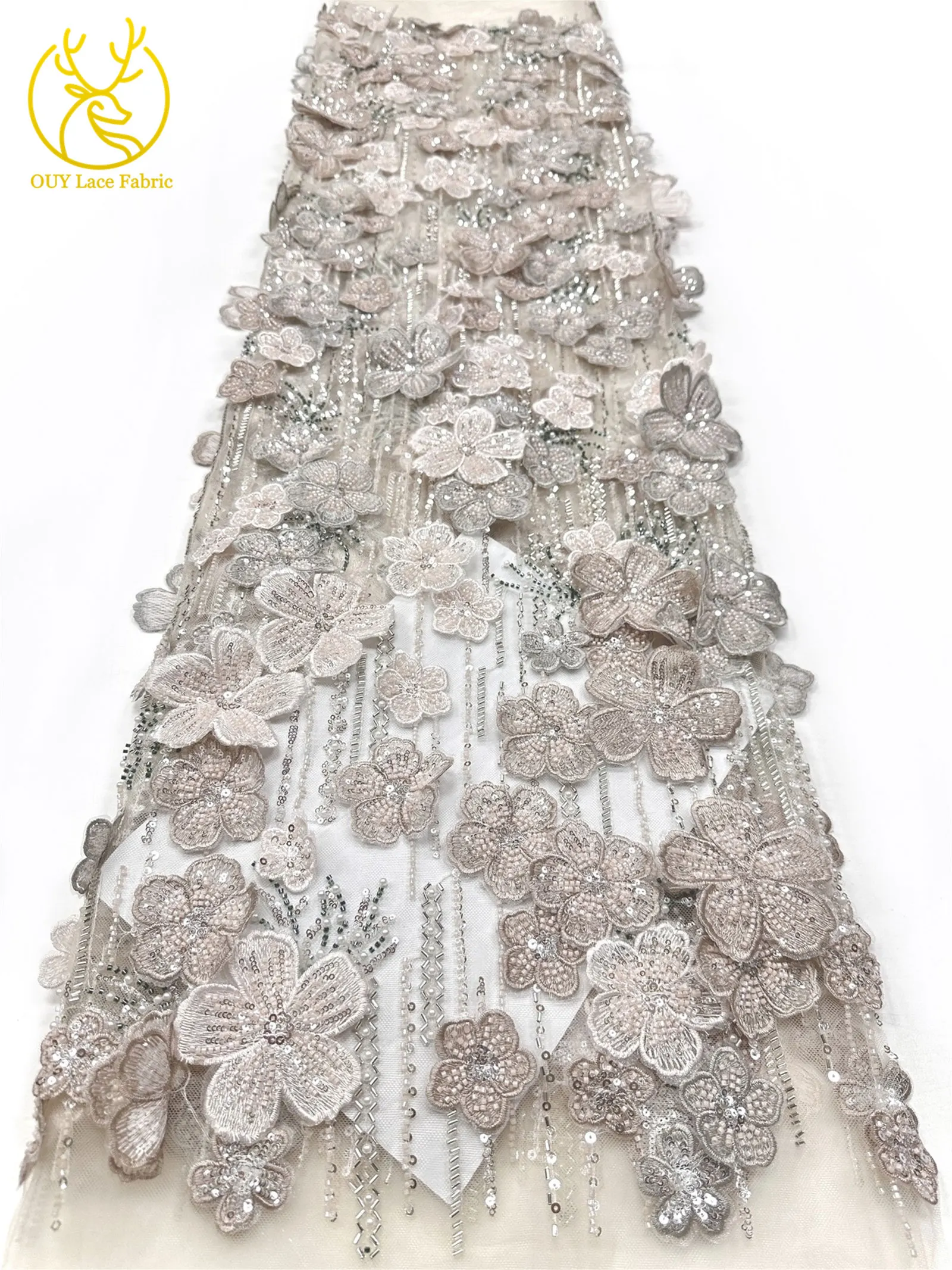 Maßgefertigter Luxus 3D Handbestickter Blumen-Spitzenstoff Hochwertige Afrikanische Perlen-Pailletten-Spitze für Hochzeitskleider und Näharbeiten – Detail 11