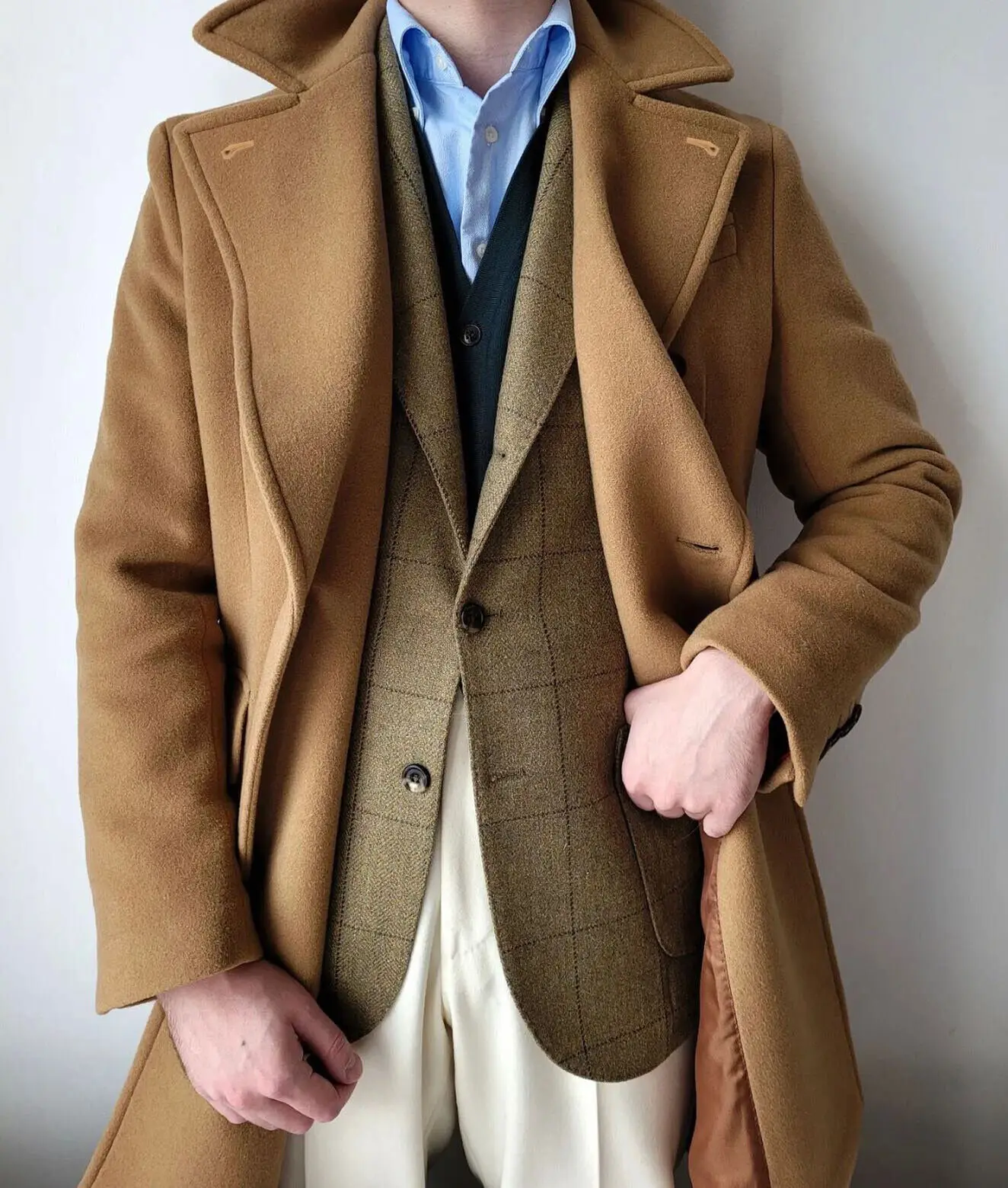Abrigo de espiga de mezcla de lana dorada para hombre, abrigo largo de negocios con doble botonadura, hecho a medida