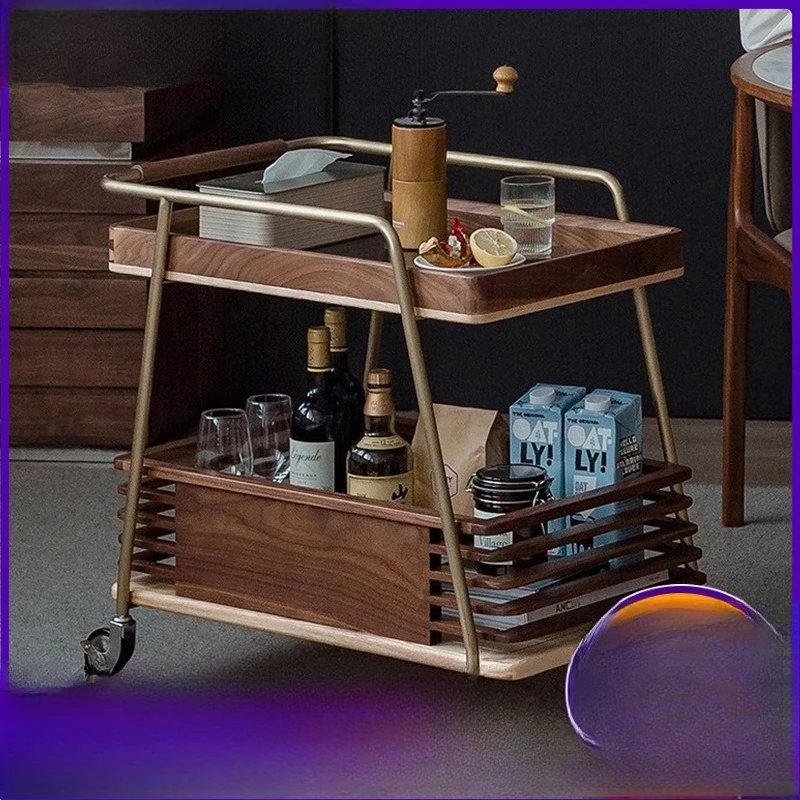 Medieval black walnut trolley removable side cabinet sofa side table household living room rack storage dining car
