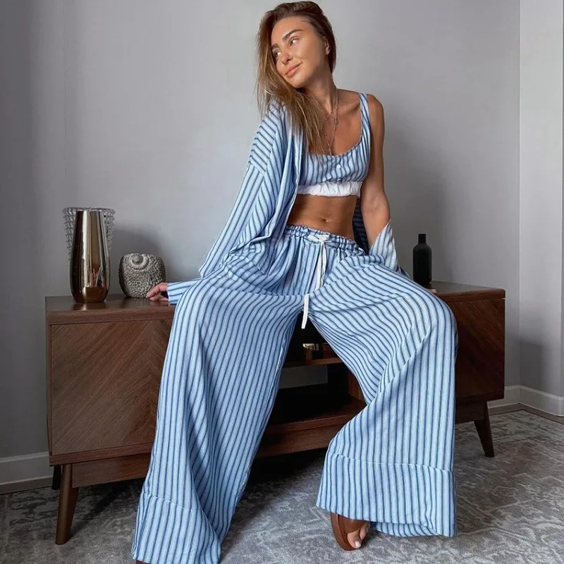 

Осень 2024, женский комплект домашней одежды, свободные пижамы в полоску с принтом, длинные рукава, длинные брюки, дизайн из трех предметов, повседневный размер L