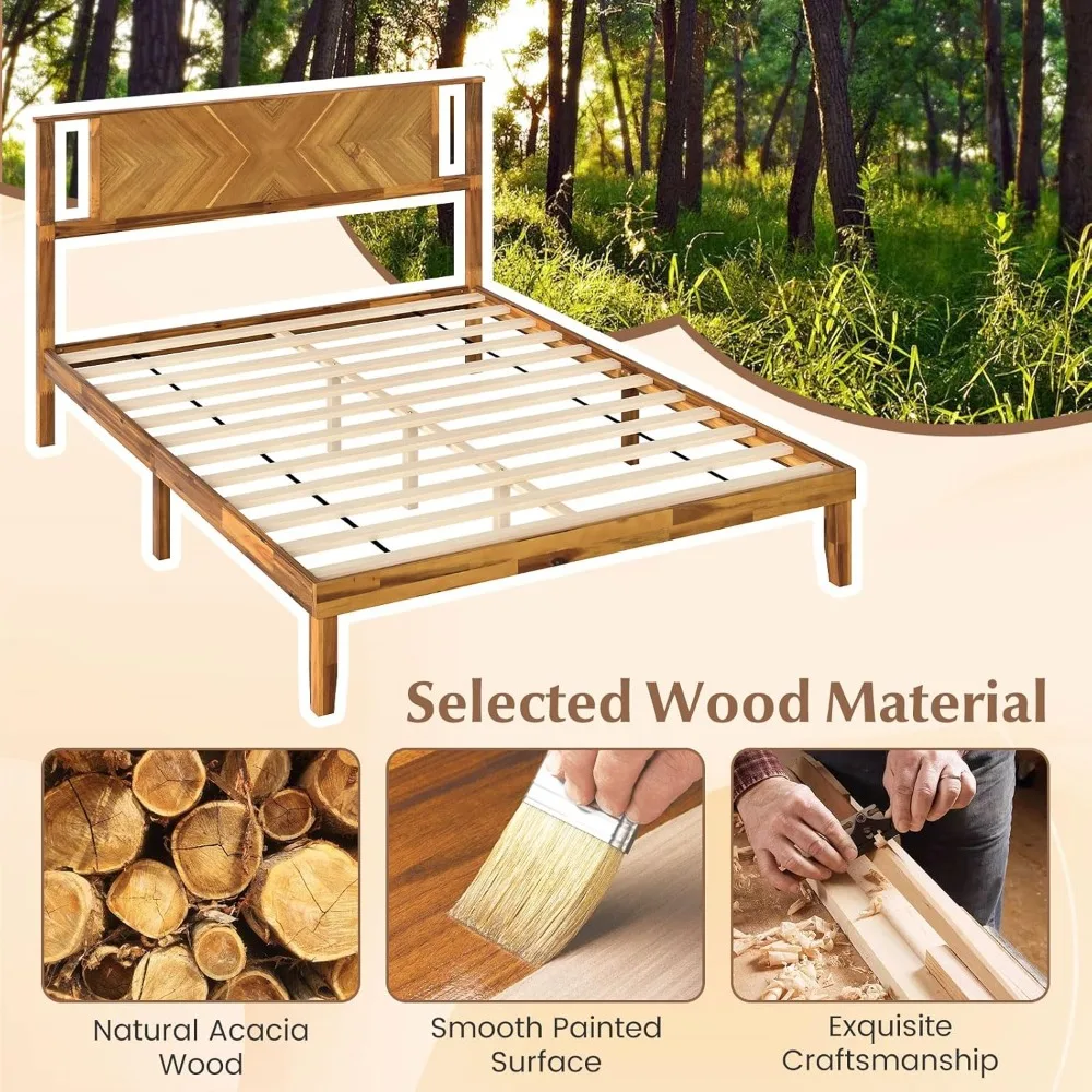 إطار سرير بمنصة خشبية من خشب السنط بحجم كوين، إطار سرير حديث لمنتصف القرن مع لوح رأسي، دعامة شرائح خشبية، سرير تحت السرير #4
