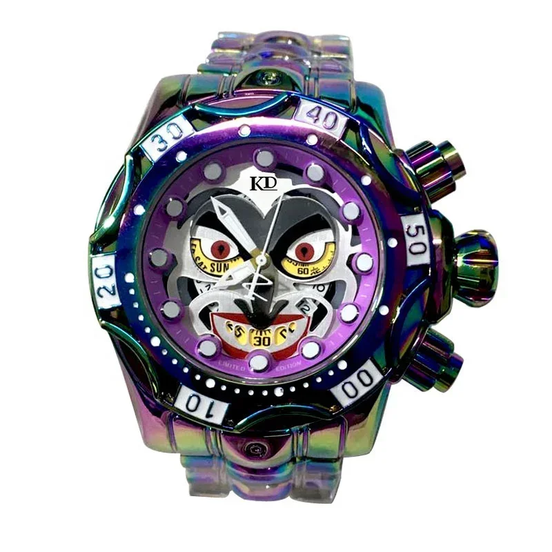 Colorful Alloy Band Big Face Clown Watches Low MOQ Dress Watch High Quality Day And Date Men Watch