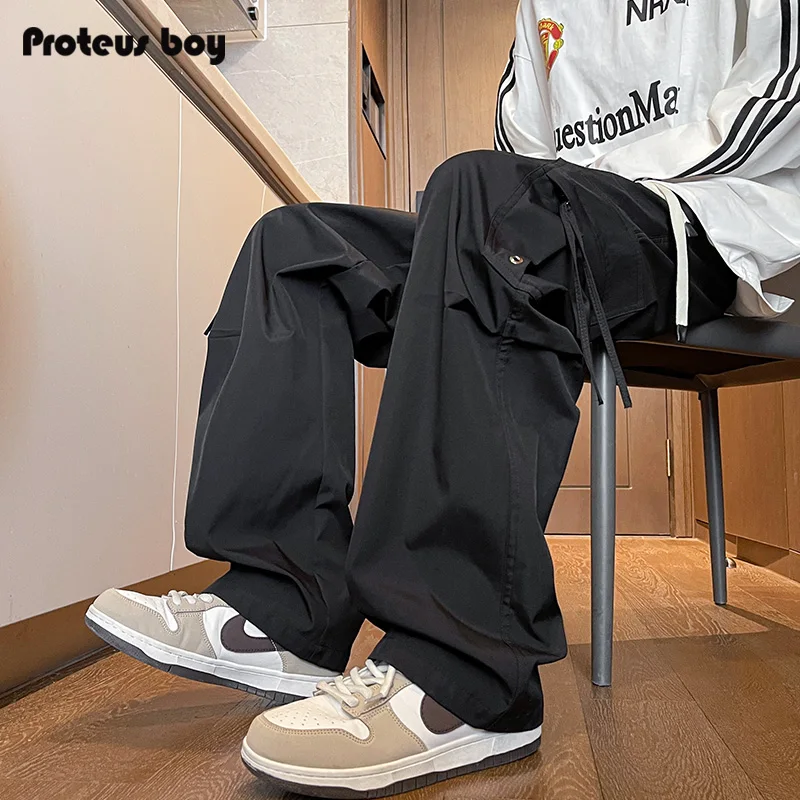 

ProteusBoy American Retro ket Outdoor Sports Casual Straight Leg Wide Leg Dstring Workwear Trousers for Teenagers