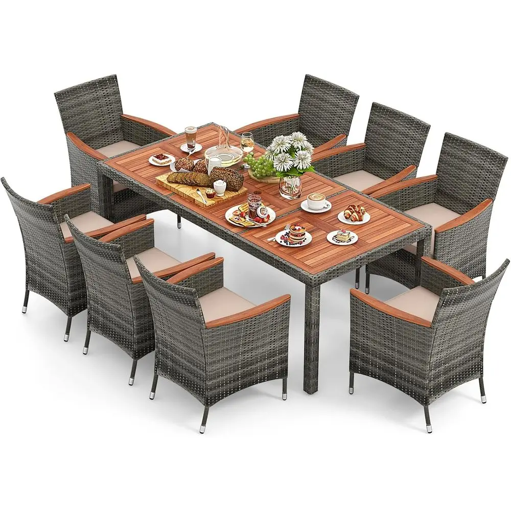 

9 Pieces Outdoor Wicker Dining Set, Patio Dining urniture Set with Acacia Wood Table and 8 Armchairs, Outdoor Table and Chairs S
