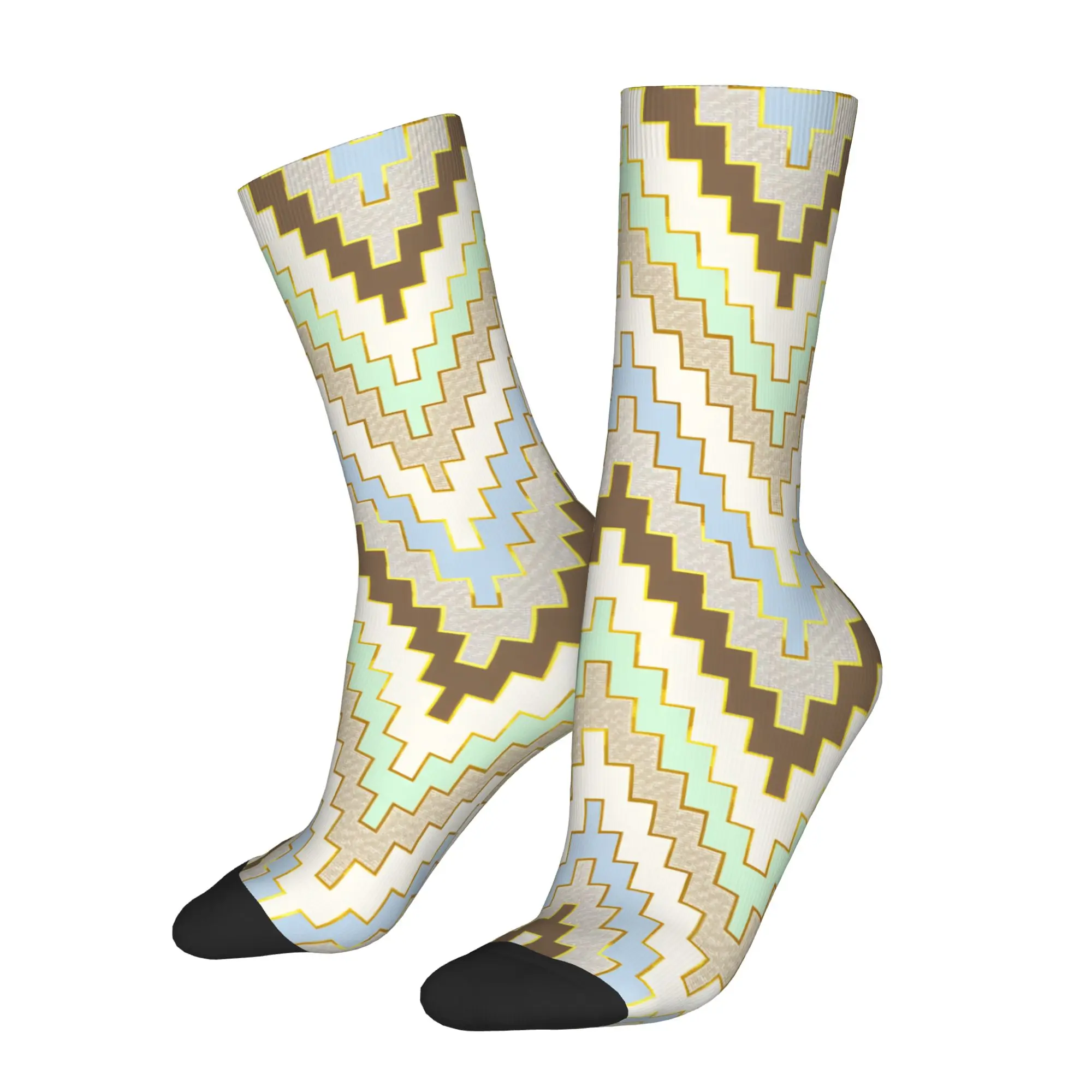 Kawaii Mens Geometric Zig Zag Luxe Chevron  Dress Socks Unisex Warm Comfortable 3D Print Blue And Mint Crew Socks