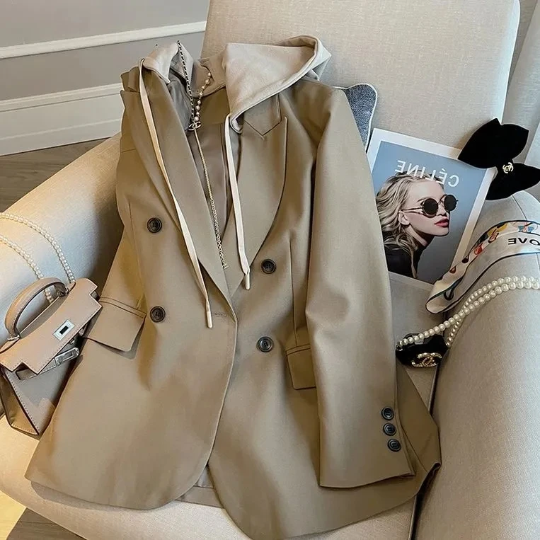 Women\'s Detachable Hooded Blazer Suit, Female Jackets, Coats Tops, Large Size, Stylish Clothes, Spring, Autumn, New, 2024