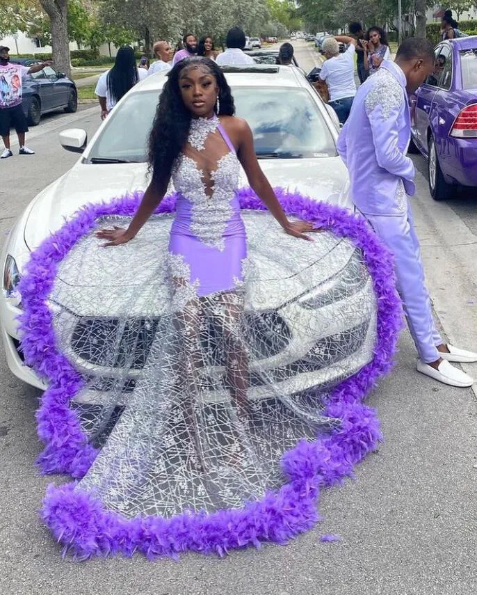 Lavender Purple Long Prom Dresses 2025 Sparkly Crystal Applique Feather Sheer Mesh Black Girl Evening Party Gala Gown Customised