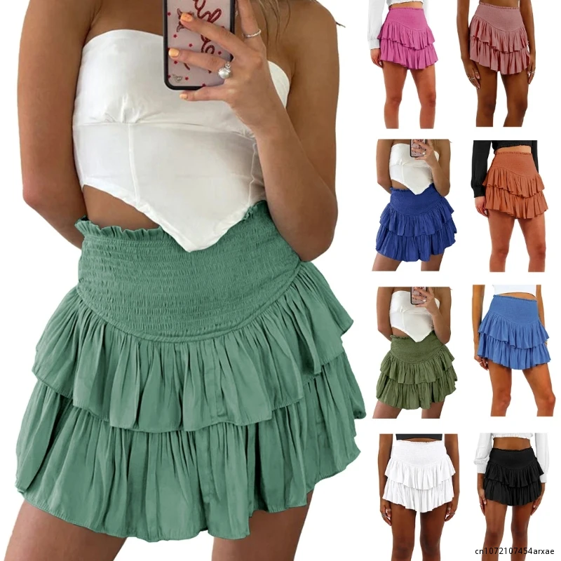 

Women High Waist Solid Color Tiered Ruffle Hem Mini Pleated Flared A-Line Short Skirt with Shorts Underneath