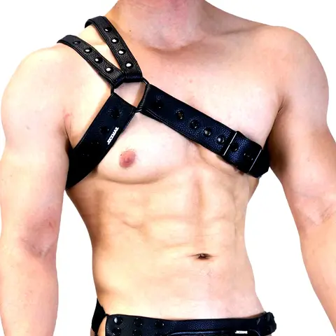 Men's Leather Tri Harness Chest Armor Buckles Adjustable Size Jockstrap Gay Costume.Adjustable Left and Right Shoulders