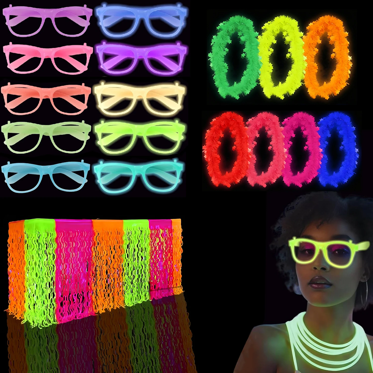 Image of Im Dunkeln leuchtende Partyartikel, im Dunkeln leuchtende Partyhalskette, Neon-Leuchtbrille, Neon-Schwarzlicht-Halskette