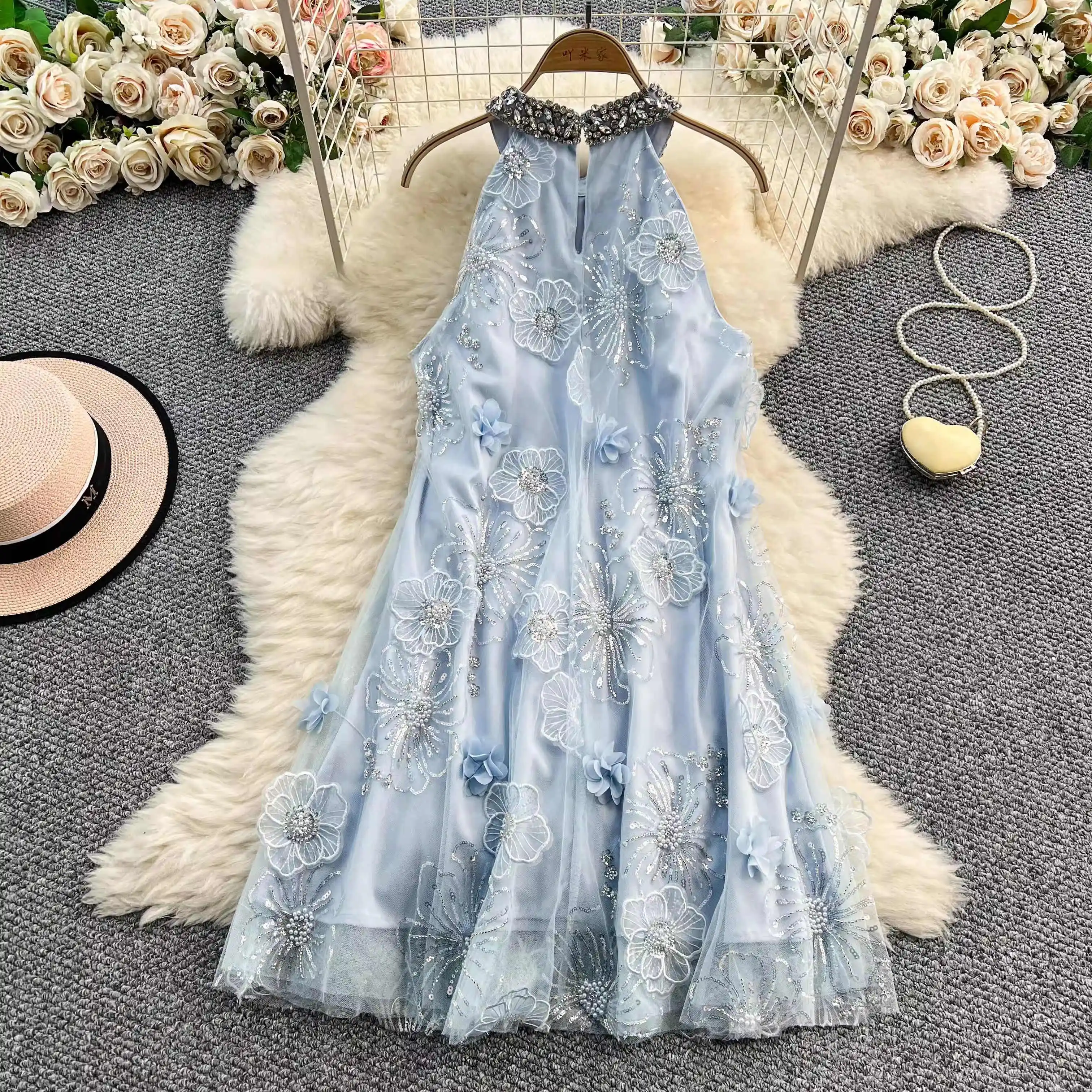 Golden Beading Mesh Dress Women Sleeveless Halter Summer Streetwear Chic Clothing Lady Holiday Party Summer Vestidos Bodycon