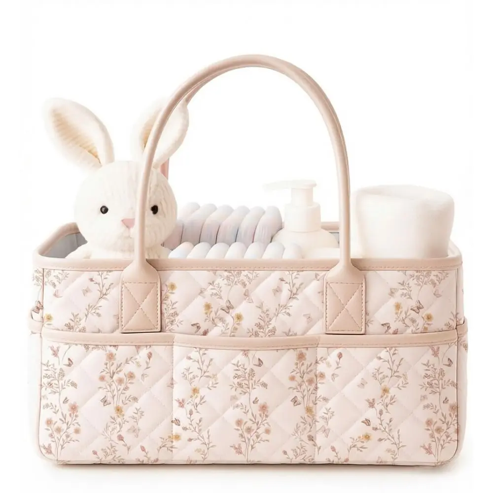 Large Capacity Diaper Organizer Floral Portable Nursery Storage Basket Newborn Essentials Diaper Storage Bag Outdoor Travel
