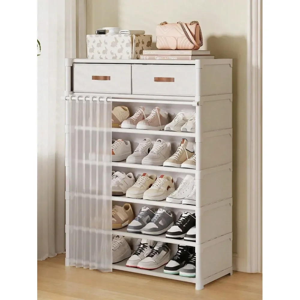 

White Multi-Tier Shoe Rack With Curtain, Shoe Cabinet Storage Shelf With Drawer, High Capacity Shoe Organizer For Living Room