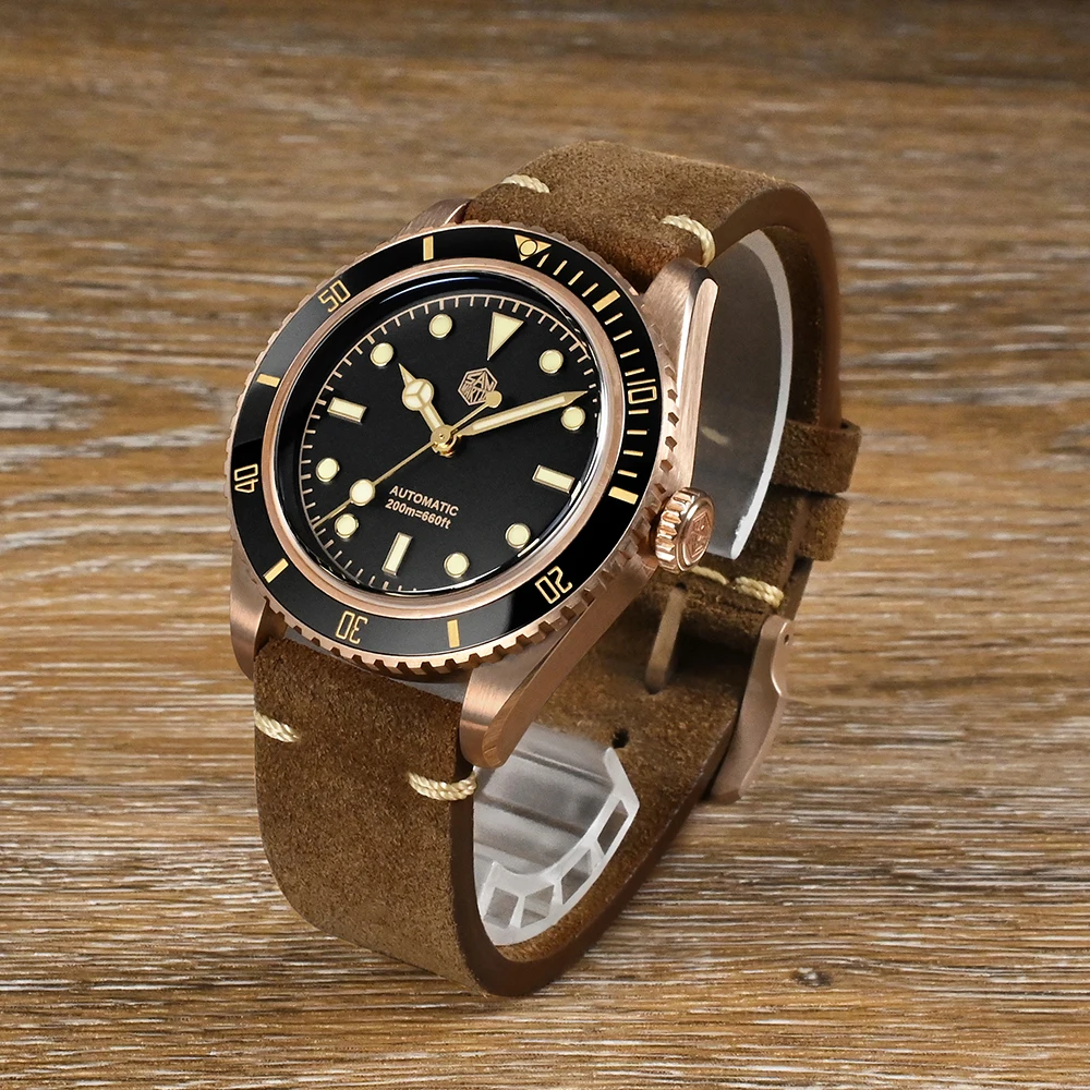 San Martin 38mm Vintage 6200 CuSn8 Bronze Diver Luxury Men Watch PT5000 SW200 Sapphire Automatic Mechanical 20Bar Leather Strap