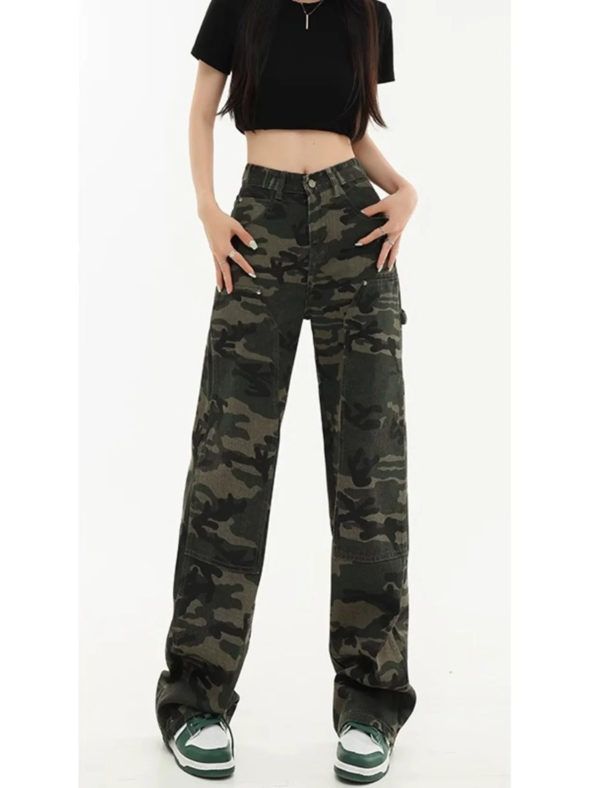 

Camouflage Work Pants Women's High Waist Straight Leg Wide Leg Jeans American Retro Style Spring Autumn New Arrival