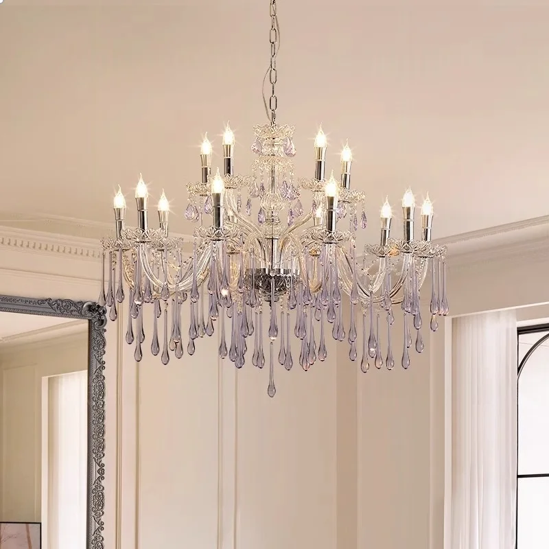 

French Ceiling LED Crystal Chandelier Home Decoration Living Room Bedroom Dining Room Purple Water Droplet Lamp Lighting Fixture