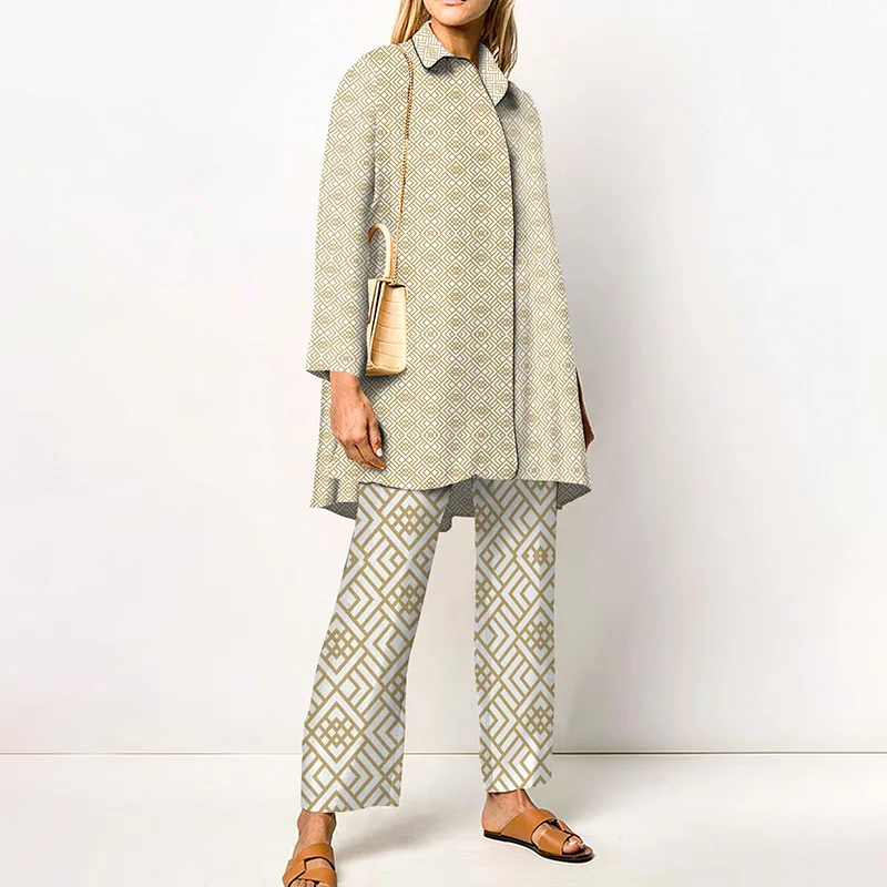 

Geometric Print Two Piece Outfit Long Sleeve Shirt and Wide Leg Pants Co-ord Set Casual Loose Fit Matching Set for Women