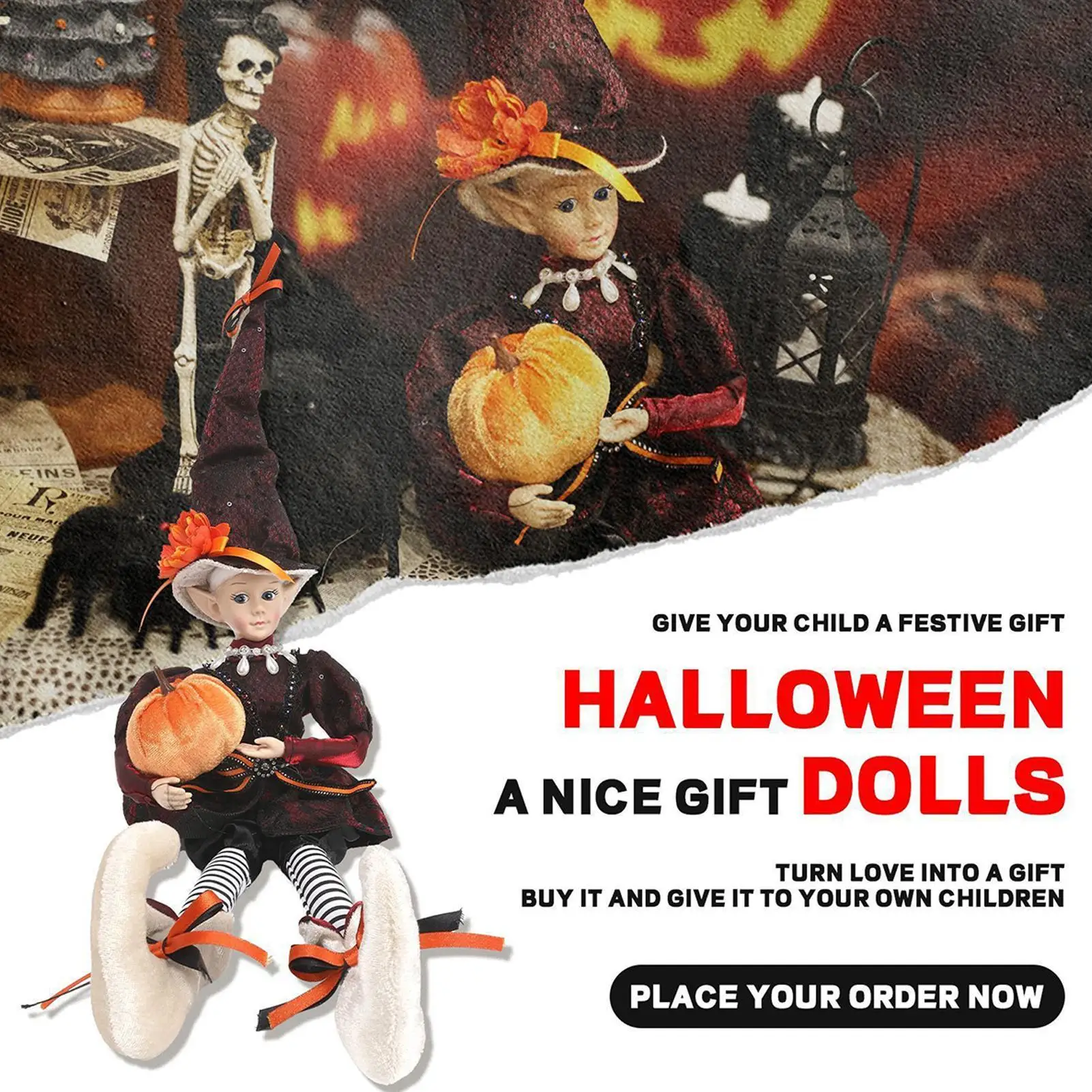 

Halloween Witch Decor Cute Girl Holding Pumpkin Figurines Festive Ornament Posable Figure For Holiday Festival Home Interior