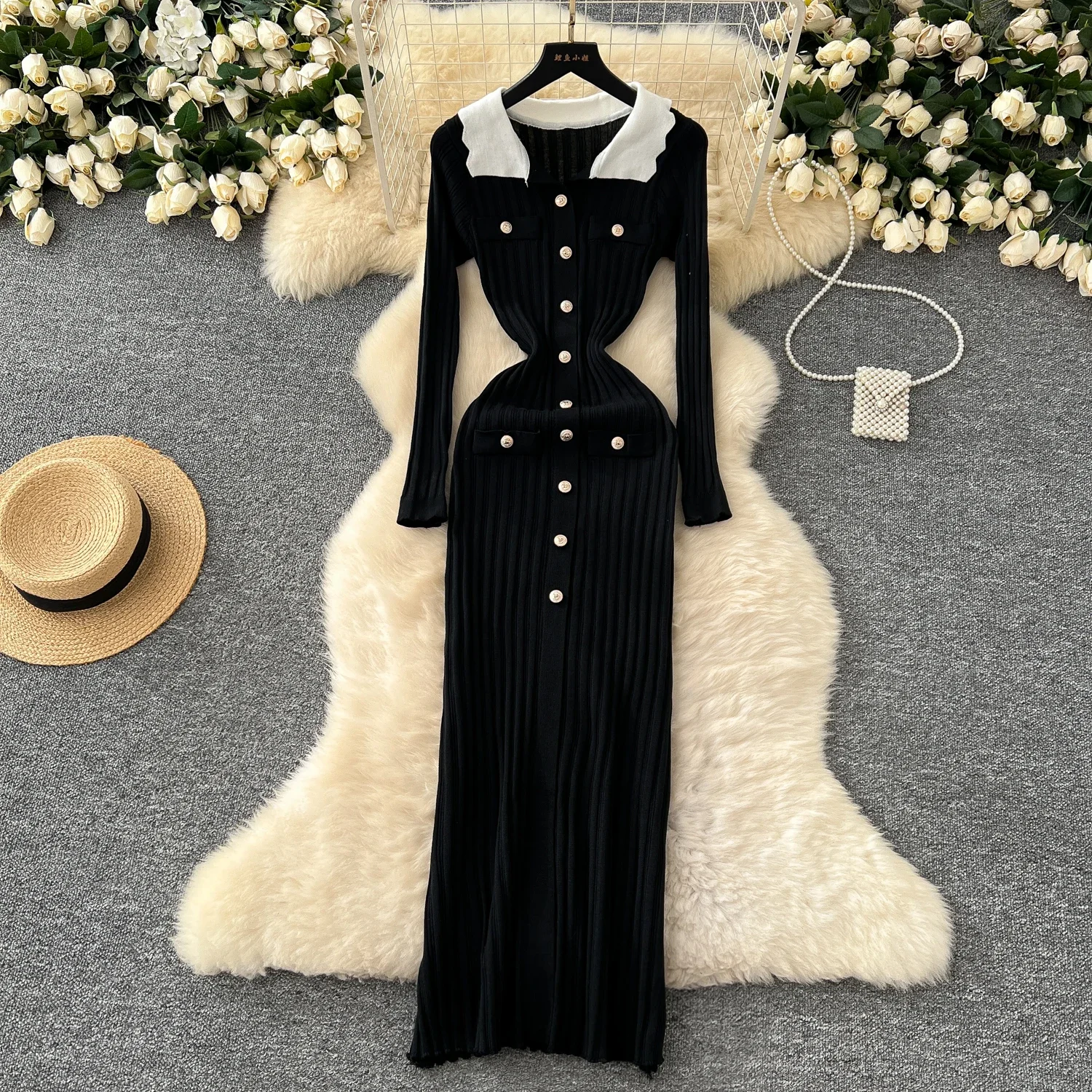 Elegant Turn-down Collar Long Sleeve Chic Metal Buckle Slim Vertical Striped Knitted Dresses Evening High Street Winter Clothing