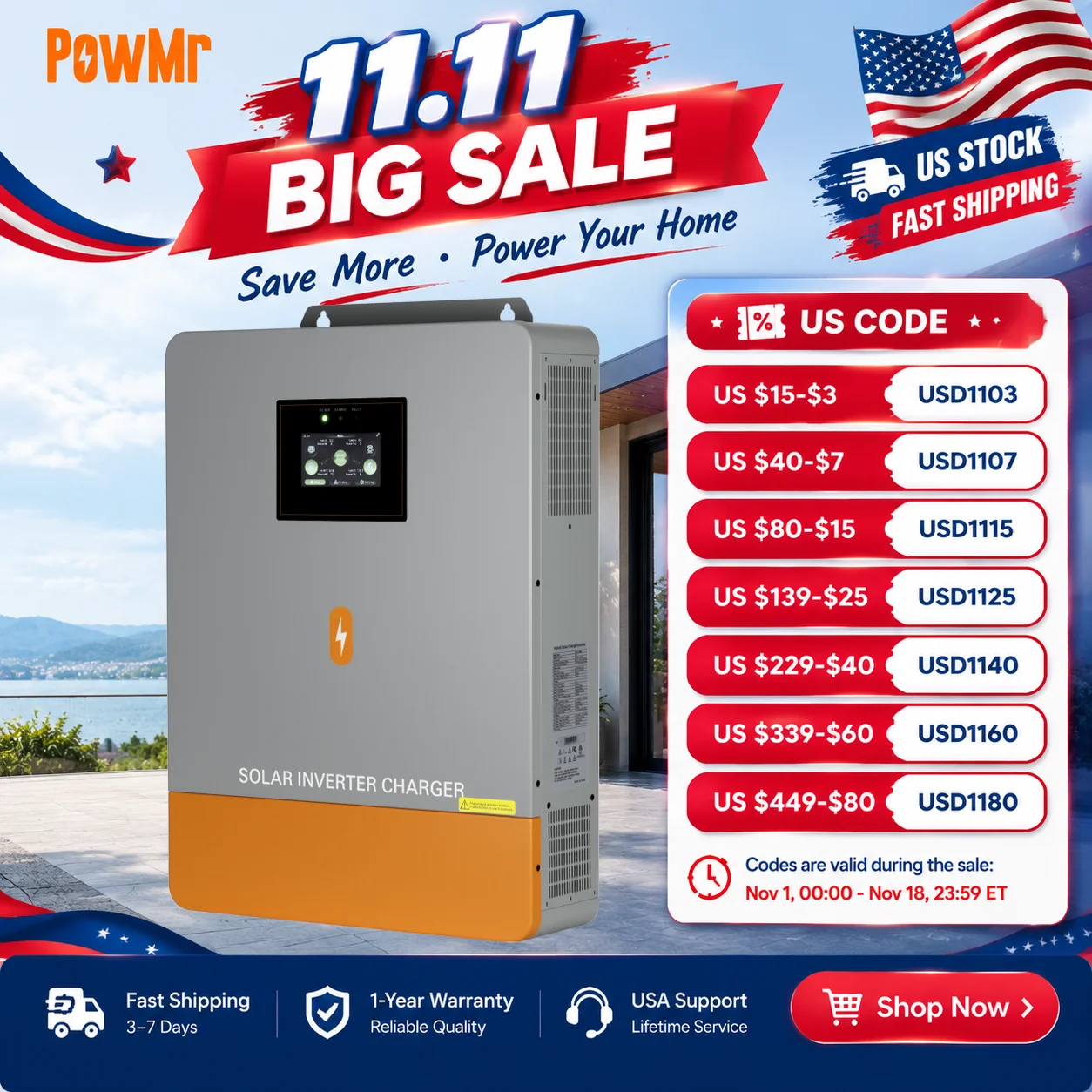 PowMr 12kW 120V/240V Split-Phase Off-Grid Inverter Built-in Dual MPPT 500V PV Input 160A Charging BMS Up to 6-Unit Parallel Zero Export C, Compatible with LiFePO4/Lead-Acid