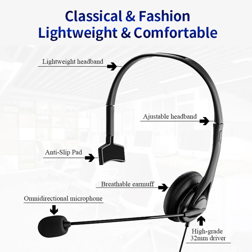 Universal Call Center Headphone 3.5mm USB Wired Business Headset With Mic Volume Control Mute Cancelling Telephone Operator