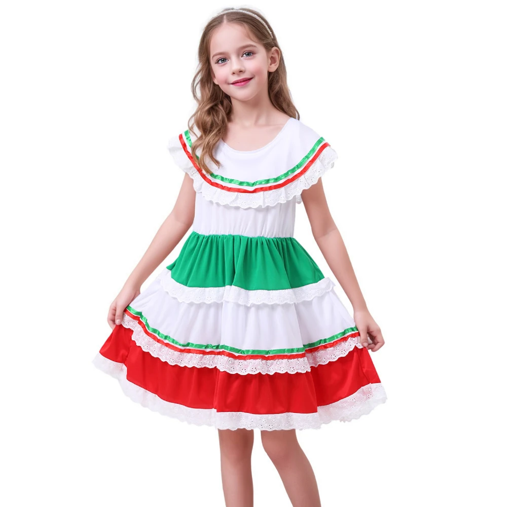 Costume cosplay per ragazze tradizionali messicane per bambini, vestito operato bianco, per bambini, Cinco De Mayo, carnevale, festa di Halloween