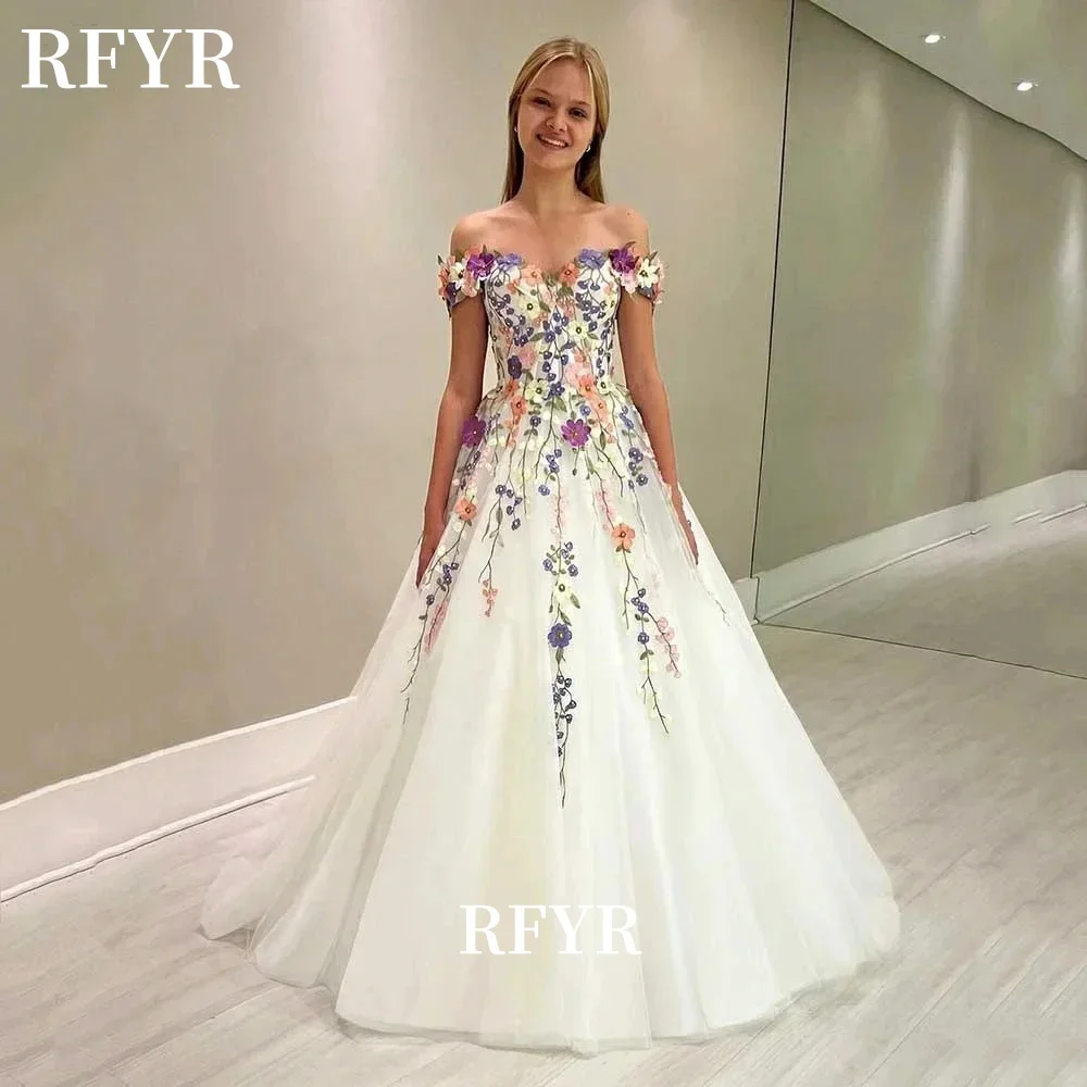 

RFYR Floral Printed Prom Gowns Sweetheart Party Dress Off Shoulder Evening Gowns for Women Gala vestidos de fiesta Customized