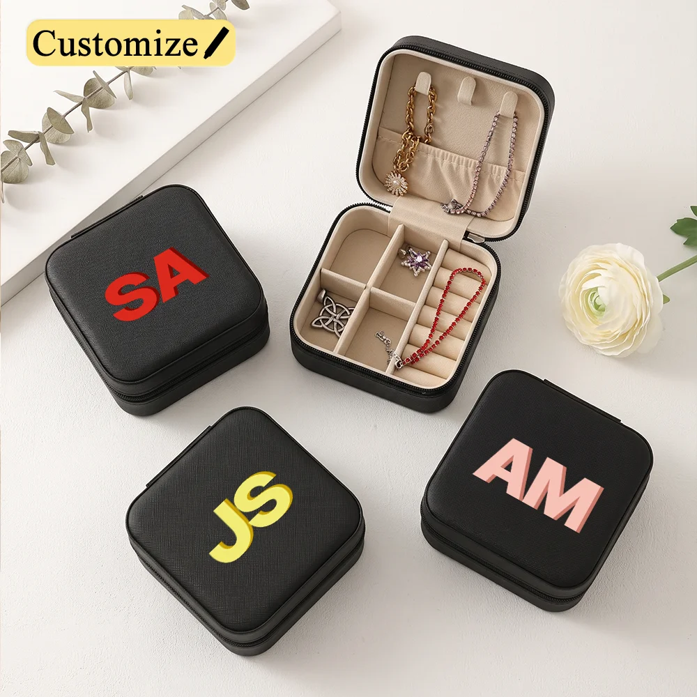 Customized Monogram Initials Jewelry Box,Bridesmaid/Women Gift,Portable Travel Leather Necklace Ring Black Jewelry Storage Box