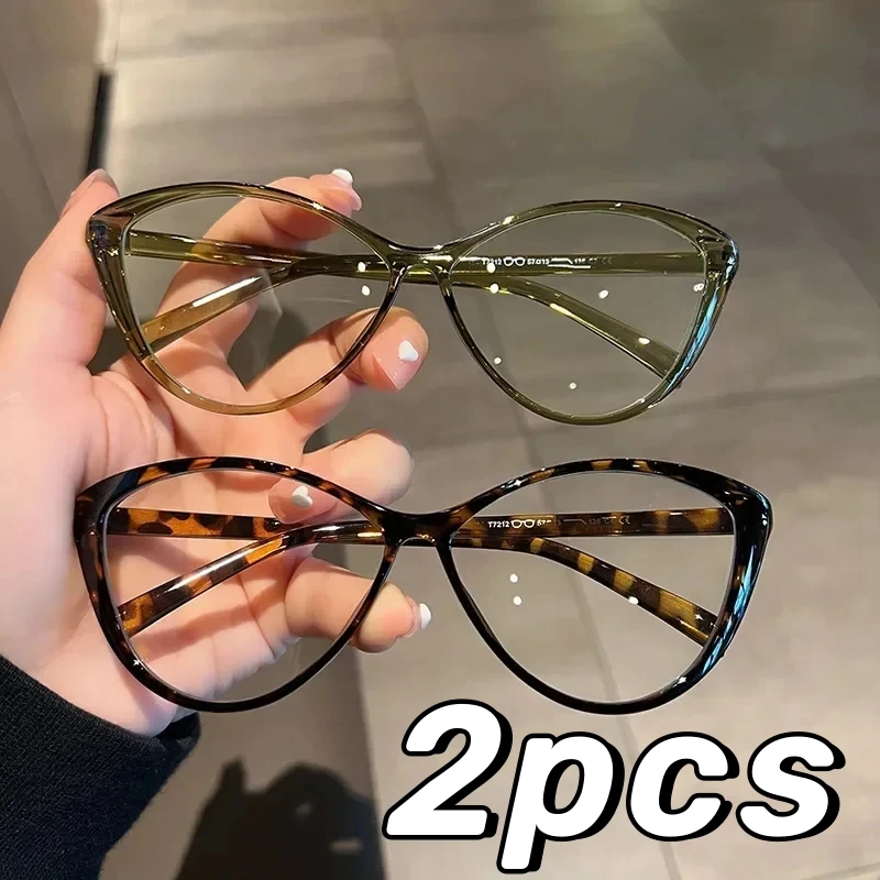 

2PCS Fashion Ins Stylish Plain Glasses for Women Ladies Cat Eye Optical Spectacle Eyeglasses Unisex Men Retro Anti-blue Glasses