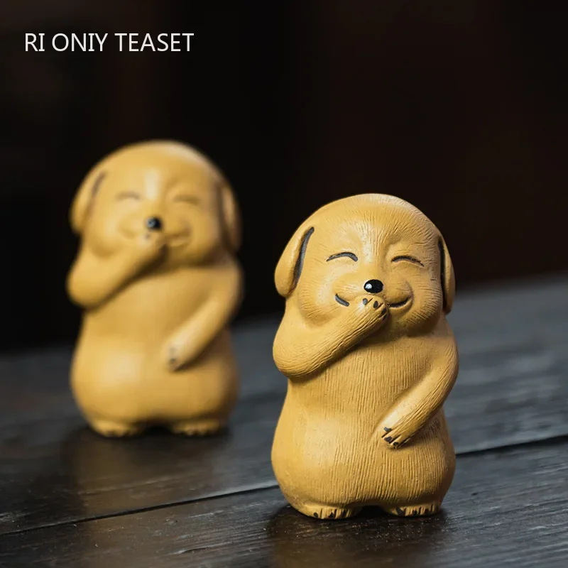 Yixing Purple Clay Tea Pet Chinese Zodiac Dog Statue Ornaments Handmade Sculpture Tea Figurine Crafts Lucky Tea Set Decoration