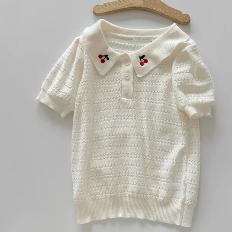 BP 2026 Spring New Cherry Embroider Collar Shirt Sweater For Kids Cherry Knitted Shirt Baby Air Conditioning Shirt