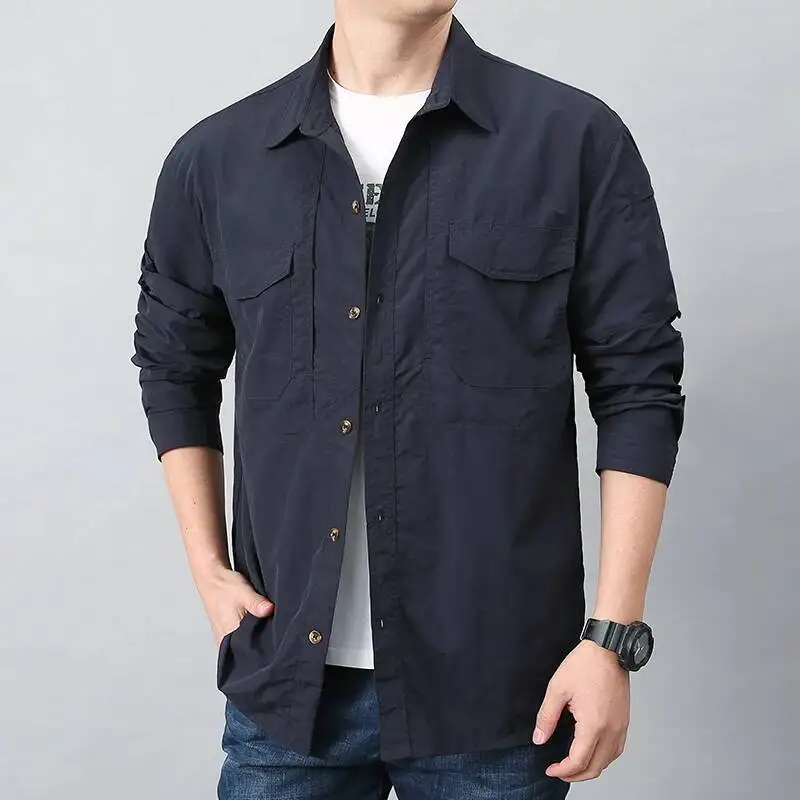 

Korean Trendy Fashion Casual Spring Outdoor Quick Drying Long Sleeved Shirt Coat Men Solid Lapel Pocket Breathable Loose Jackets