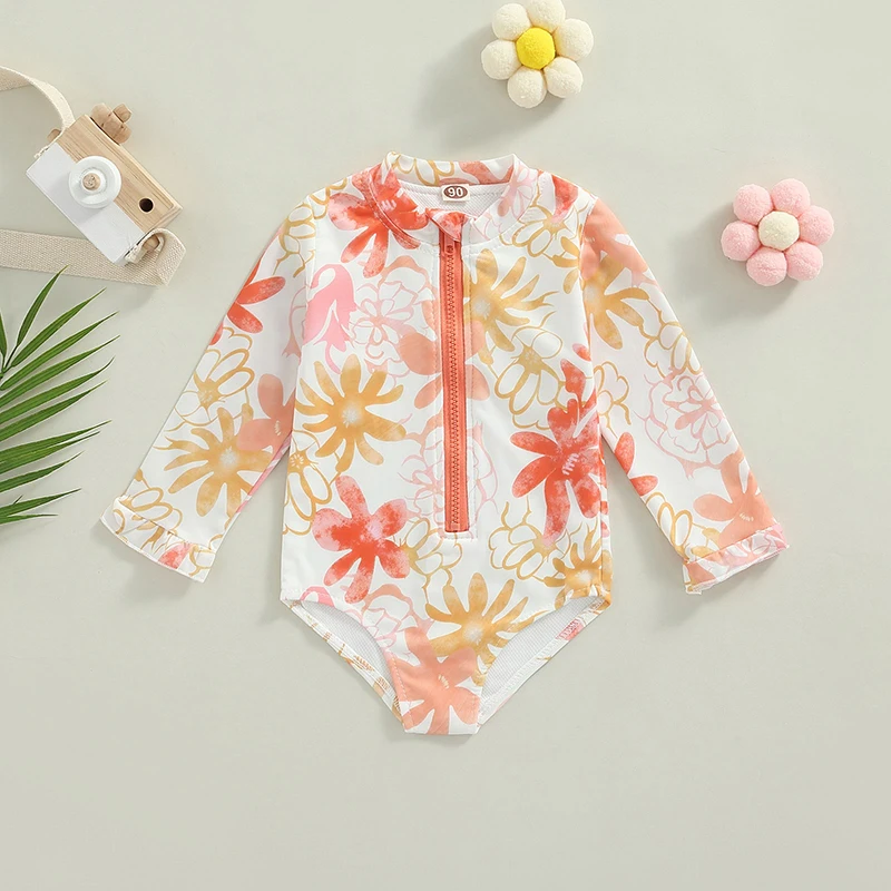 2022-06-24 Lioraitiin 0-5Years Toddler Girl’s Long Sleeve Swimsuit Fashion Flower Printing Zipper Round Neck Swimwear