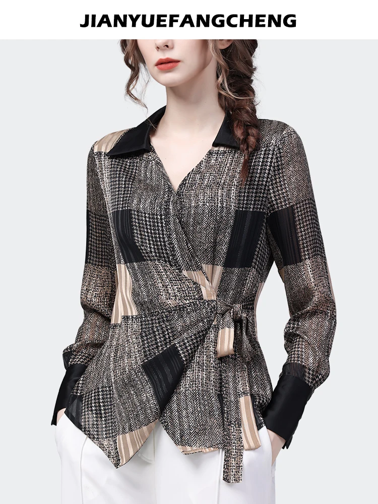 French Style V-neck Chiffon Plaid Shirt Women Spring Summer New Long Sleeve Turn-down Collar Casual Lace-up Tops and Blouses