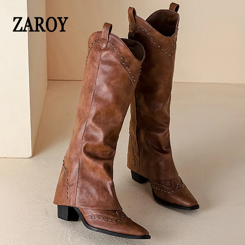 

ZAROY Knee High Boots Women Winter Footwear Y2K Rivet High Heels Slip-On Cowgirl Botas Design Party Long Booties Pumps сапо