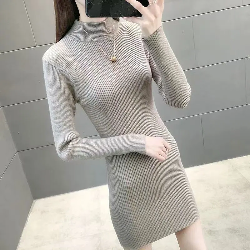 

Stripe Solid Turtleneck Long Sleeve Plush Dresses Elegant Fashion Harajuku Female Clothes Loose Casual All Match Sweat Skirt